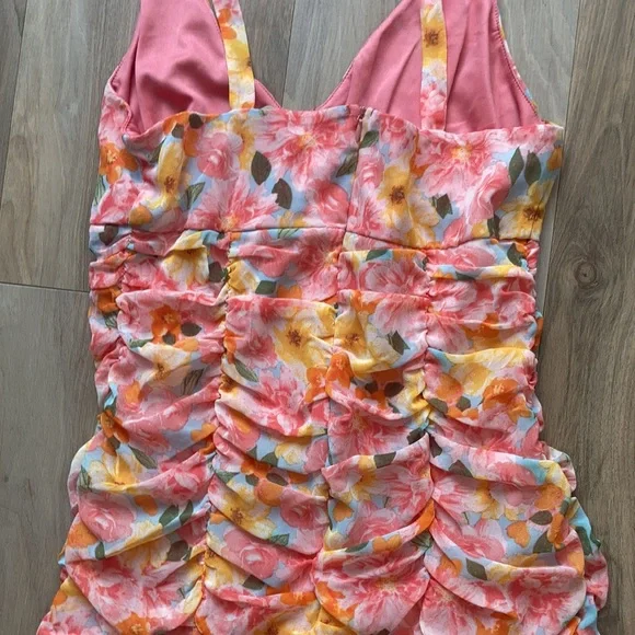 Lily Rose tie straps floral print rouched dress w ruffle S XL jrs - Picture 12 of 17